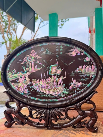 Đĩa bầu dục gỗ trắc khảm Ốc