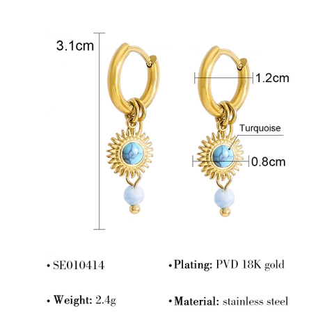 Bông tai titan vàng dáng dài hạt xanh ngọc lam 2600054