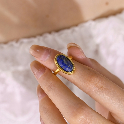 Nhẫn titan freesize mạ vàng đá ngọc lưu ly (Lapis lazuli) 2500596