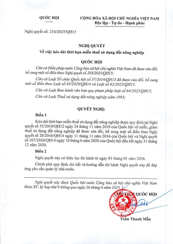 Quốc hội kéo dài miễn thuế sử dụng đất nông nghiệp đến năm 2030
