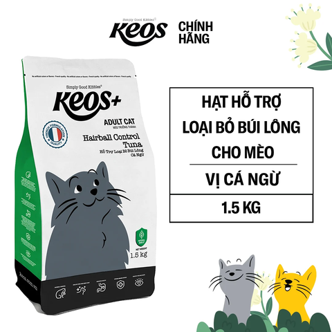 KEOS+ TAHH cho mèo trưởng thành với công thức hỗ t rợ loại bỏ búi lông-Box 9 kg (6x1.5kg)