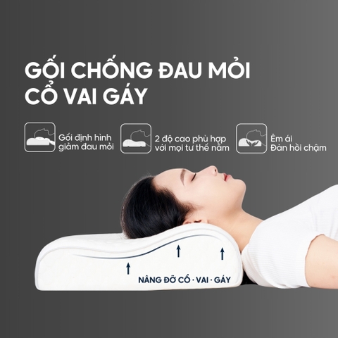 Gối cao su non chống đau mỏi cổ vai gáy, ruột gối ngủ công thái học Memory Foam người lớn cao cấp