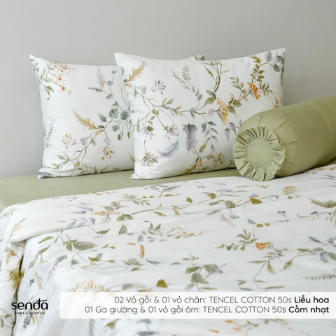 Bộ chăn ga gối 5 món Tencel Cotton họa tiết - Liễu hoa