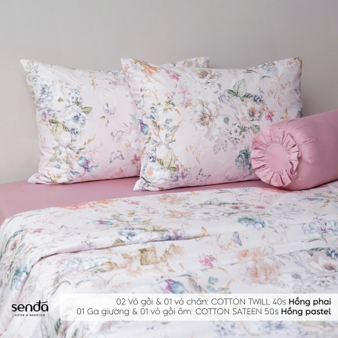 Bộ chăn ga gối 5 món Cotton 40S - Hồng phai