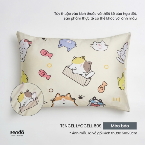 Vỏ gối nằm cho bé đi học Lụa Tencel họa tiết - Mèo béo