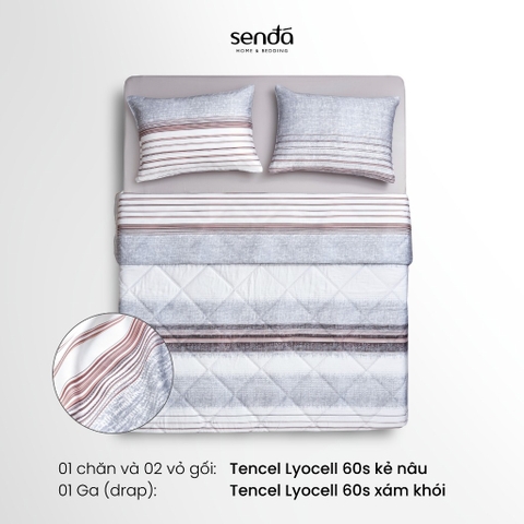 Bộ chăn ga gối 4 món (chăn chần bông) Lụa Tencel 60S họa tiết - Kẻ nâu