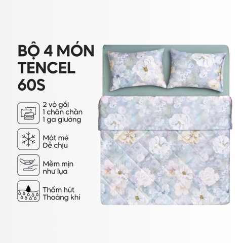 Bộ chăn ga gối 4 món (chăn chần bông) Lụa Tencel 60S họa tiết - Ngọc vân