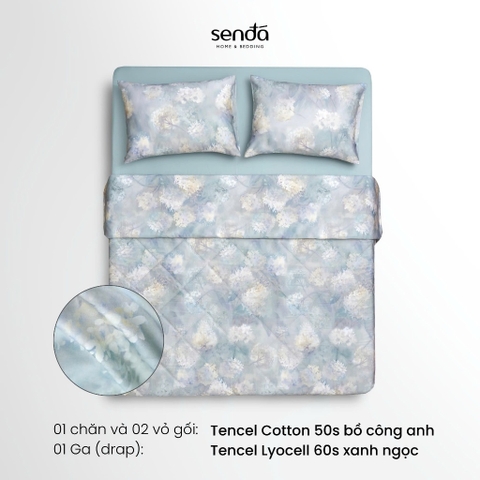 Bộ chăn ga gối 4 món (chăn chần bông) Tencel Cotton họa tiết - Bồ công anh
