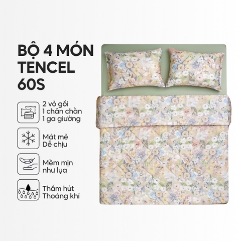 Bộ chăn ga gối 4 món (chăn chần bông) Lụa Tencel 60S họa tiết - Cát tường