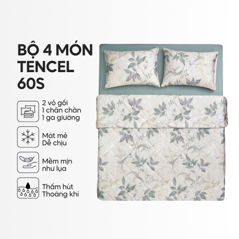 Bộ chăn ga gối 4 món (chăn chần bông) Lụa Tencel 60S họa tiết - Thanh trúc