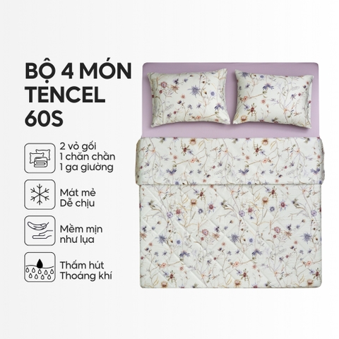 Bộ chăn ga gối 4 món (chăn chần bông) Lụa Tencel 60S họa tiết - Kim cúc