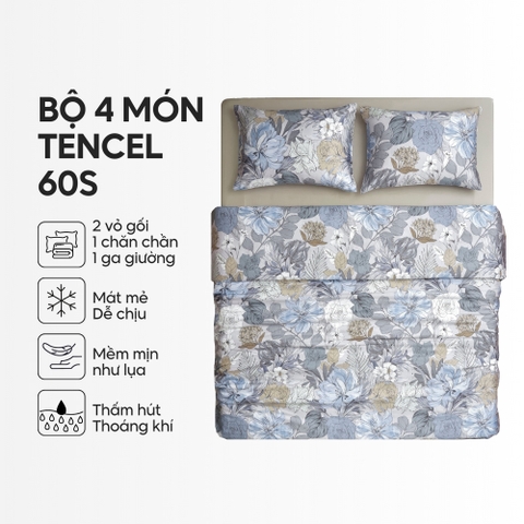 Bộ chăn ga gối 4 món (chăn chần bông) Lụa Tencel 60S họa tiết - Thanh tú