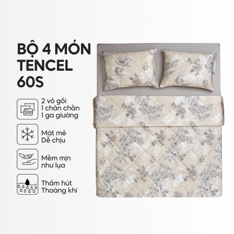 Bộ chăn ga gối 4 món (chăn chần bông) Lụa Tencel 60S họa tiết - Kim ngân