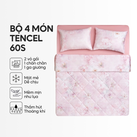 Bộ chăn ga gối 4 món (chăn chần bông) Lụa Tencel 60S họa tiết - Đào vân