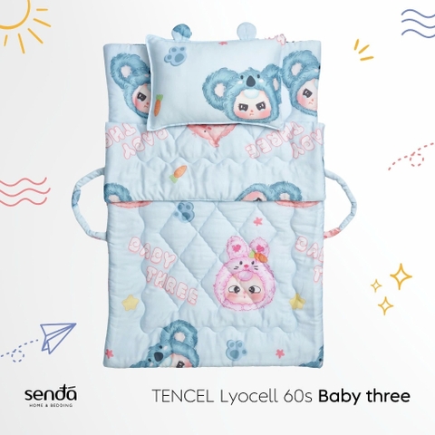 Bộ chăn gối nệm cho bé gấp gọn 5 trong 1 Lụa Tencel họa tiết - Baby three