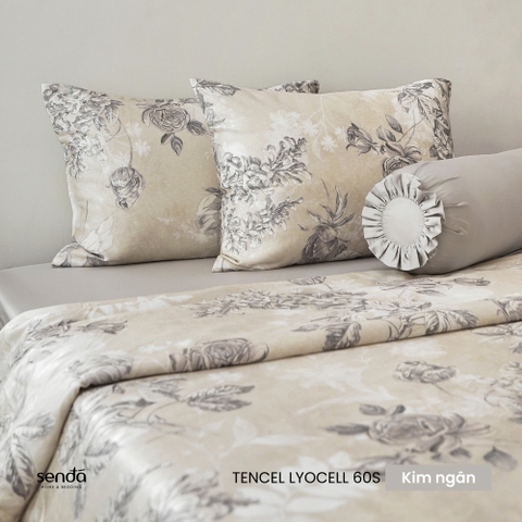 Bộ chăn ga gối 5 món Lụa Tencel 60S họa tiết - Kim ngân