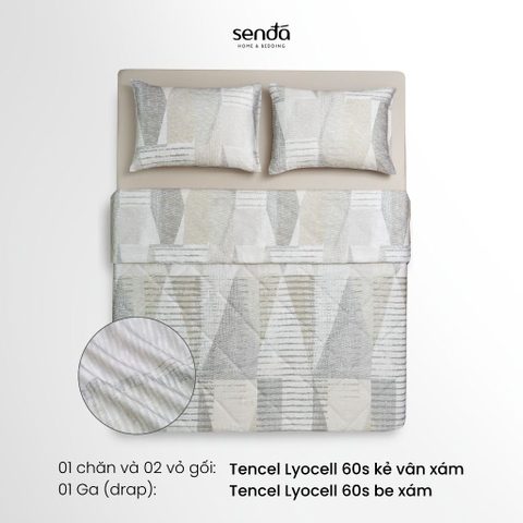 Bộ chăn ga gối 4 món (chăn chần bông) Lụa Tencel 60S họa tiết - Kẻ vân xám