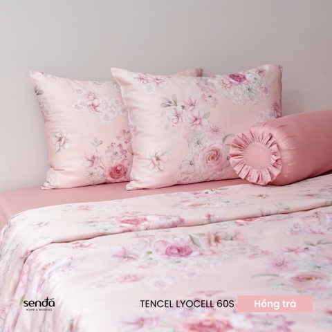 Bộ chăn ga gối 5 món Lụa Tencel 60S họa tiết - Hồng trà