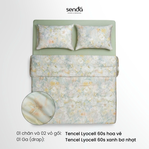 Bộ chăn ga gối 4 món (chăn chần bông) Lụa Tencel 60S họa tiết - Hoa vẽ