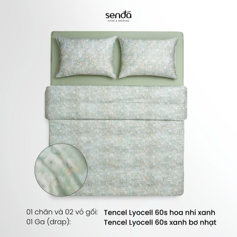 Bộ chăn ga gối 4 món (chăn chần bông) Lụa Tencel 60S họa tiết - Hoa nhí xanh