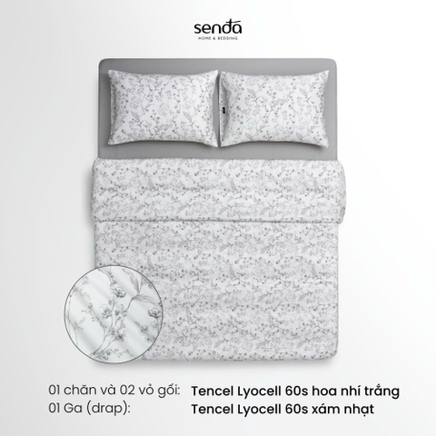 Bộ chăn ga gối 4 món (chăn chần bông) Lụa Tencel 60S họa tiết - Hoa nhí trắng