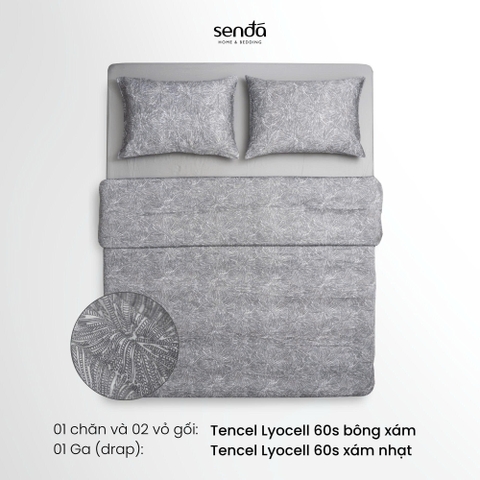Bộ chăn ga gối 4 món (chăn chần bông) Lụa Tencel 60S họa tiết - Bông xám