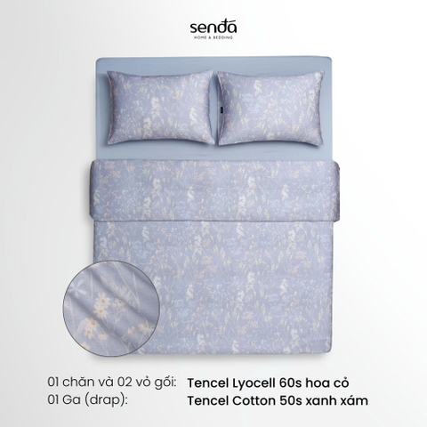 Bộ chăn ga gối 4 món (chăn chần bông) Lụa Tencel 60S họa tiết - Hoa cỏ