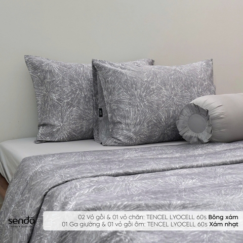 Bộ chăn ga gối 5 món Lụa Tencel 60S họa tiết - Bông xám