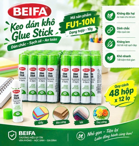 Beifa - Keo Hồ Khô Dán Giấy FU1-10N (12 Lọ/Hộp, 48 Hộp/Thùng)