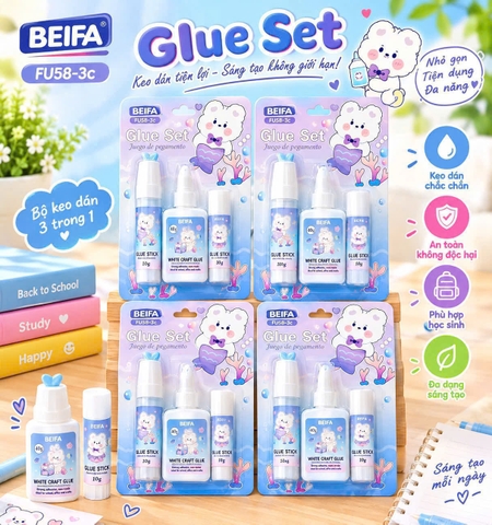 Beifa - Set 3 Món (Keo Sữa + Hồ Khô + Hồ Nước) FU58-3C (3 Cái/Vỉ, 24 Vỉ/Hộp, 8 Hộp/Thùng)