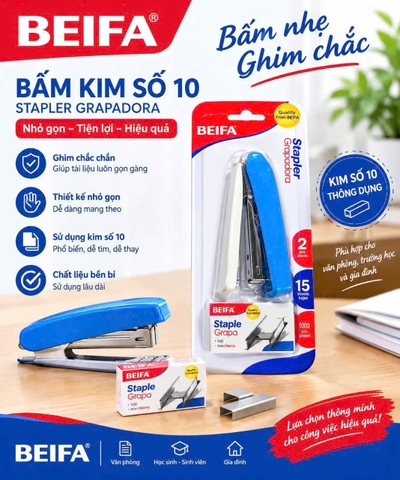 Beifa - Dụng Cụ Dập Ghim Bấm Kim Số 10 Cầm Tay Kèm Ghim FG68-2C (12 Vĩ/Hộp, 12 Hộp/Thùng)