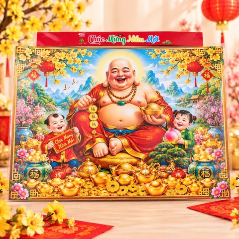 Tranh Tráng Gương 53*76 (Hình Thần Tài, Phật Di Lặc, Dê Sum Vầy, Ông Thọ)