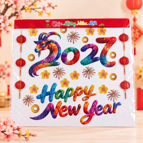 Dán Kính 2027 Hình Dê 60*52 Happy New Year, Chúc Mừng Năm Mới (2 Tờ/ Bịch)