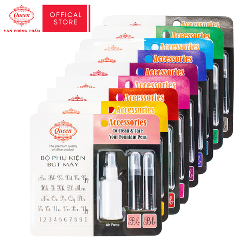 Queen - Bộ Phụ Kiện Bút Máy FPA-01 (1 Ngòi Trơn, 1 Ngòi Nét Hoa, 1 Bơm vệ sinh) (Sử dụng cho bút máy FP17) (24 Bộ/Hộp)