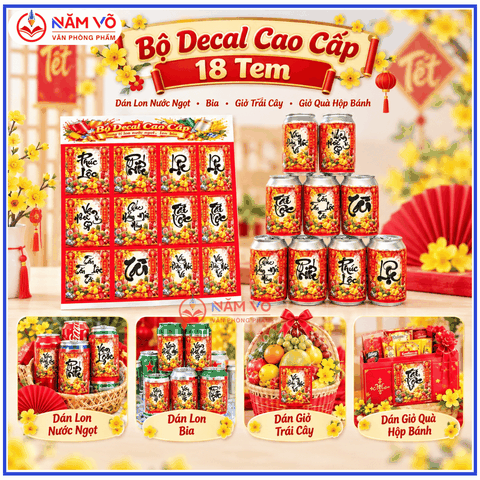Bộ 18 Tem Dán Lon Nước Ngọt, Bia Dạng CAO Trang Trí Tết Nguyên Đán (18 Tem/ Bộ)