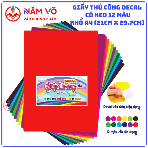 Decal Thủ Công 12 Màu Có Keo Khổ Lớn A4 12 Màu (12 Màu/ Xấp)