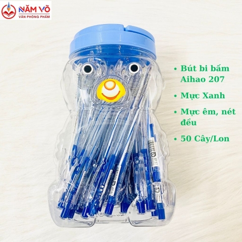 Bút Bi Aihao XANH 207 Lon Gấu (50 Cây/Lon; 30 Lon/Thùng)
