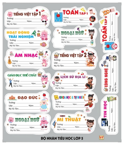 Bộ Nhãn Môn Học Lớp 3, 4, 5, 10, 11, 12 (5 Tờ/ Xấp; 10 Xấp/ Bịch)
