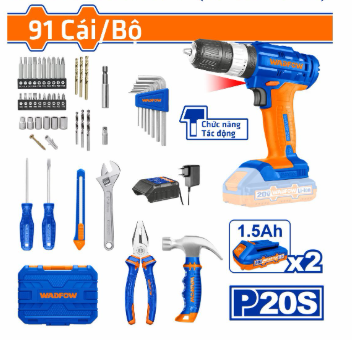 Bộ 91 Món Dụng Cụ Gồm Máy Khoan Búa Dùng Pin 20V WADFOW