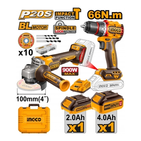 Bộ Combo Máy Mài Góc Và Máy Khoan Búa Dùng Pin 20V INGCO
