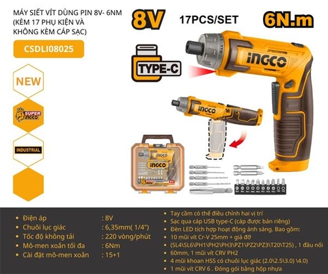 Máy Vặn Vít Dùng Pin 8v-6nm INGCO