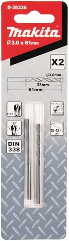 3mm Mũi Khoan Kim Loại HSS-R Makita D-38336, 2 Cái/Bộ