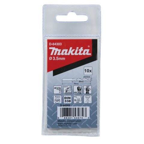 3.5x70mm Mũi Khoan Kim Loại HSS-TIN Loại Kinh Tế 10 Cái Makita D-64303