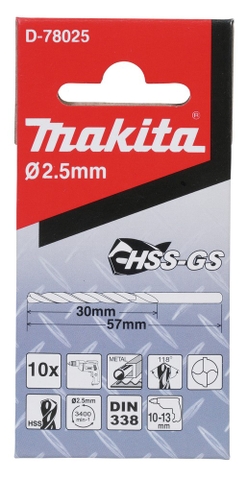 2.5x57mm Mũi Khoan Kim Loại HSS-GS 10 Cái Makita D-78025