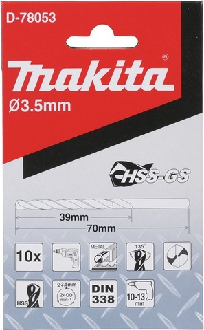 3.5x70mm Mũi Khoan Kim Loại HSS-GS 10 Cái Makita D-78053