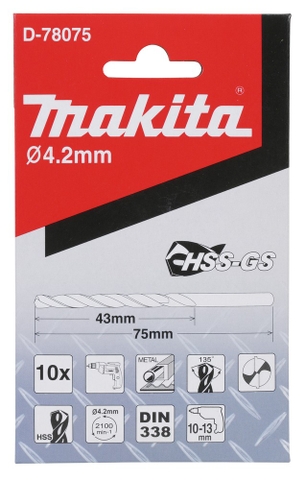 4.2x75mm Mũi Khoan Kim Loại HSS-GS 10 Cái Makita D-78075