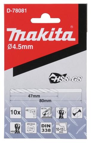 4.5x80mm Mũi Khoan Kim Loại HSS-GS 10 Cái Makita D-78081