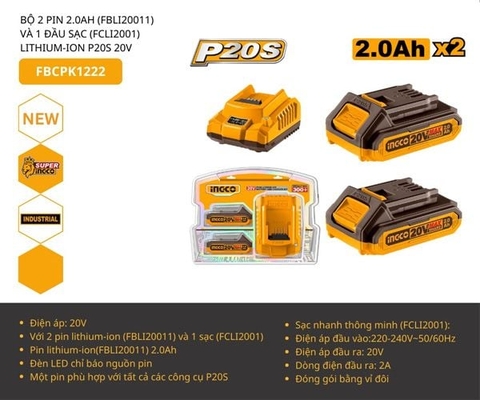 Bộ 2 Pin 20vx2.0ah Và 1 Sạc P20S 20V INGCO