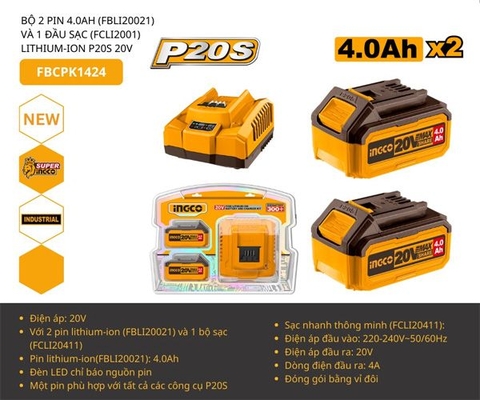 Bộ 2 Pin 20vx4.0ah Và 1 Sạc P20S 20V INGCO