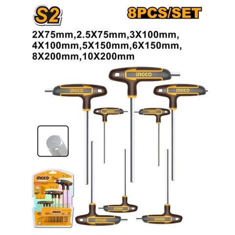 Bộ 8 Chìa Lục Giác Tay Cầm Chữ T Đầu Phẳng Ingco